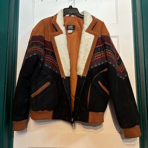 Vintage Aztec Color block Suede Jacket USA Faux Sherpa Trim Rancher *DISTRESSED